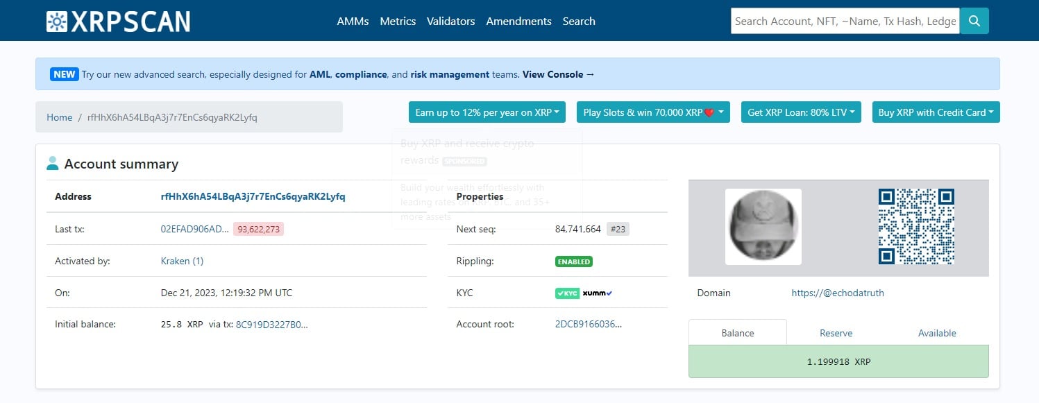 کلاهبرداری: اسکرینشات از صفحه خلاصه حساب XRPScan برای آدرس XRP "rfHhX6hA54LBqA3j7r7EnCs6qyaRK2Lyfq". این صفحه جزئیاتی را شامل آخرین تراکنش، تاریخ فعالسازی توسط Kraken، موجودی اولیه و خصوصیات فعلی حساب نمایش میدهد. این صفحه تأیید KYC از طریق Xumm را نشان میدهد و تأکید میکند که Rippling فعال است. موجودی قابلدسترس 1.199918 XRP است.